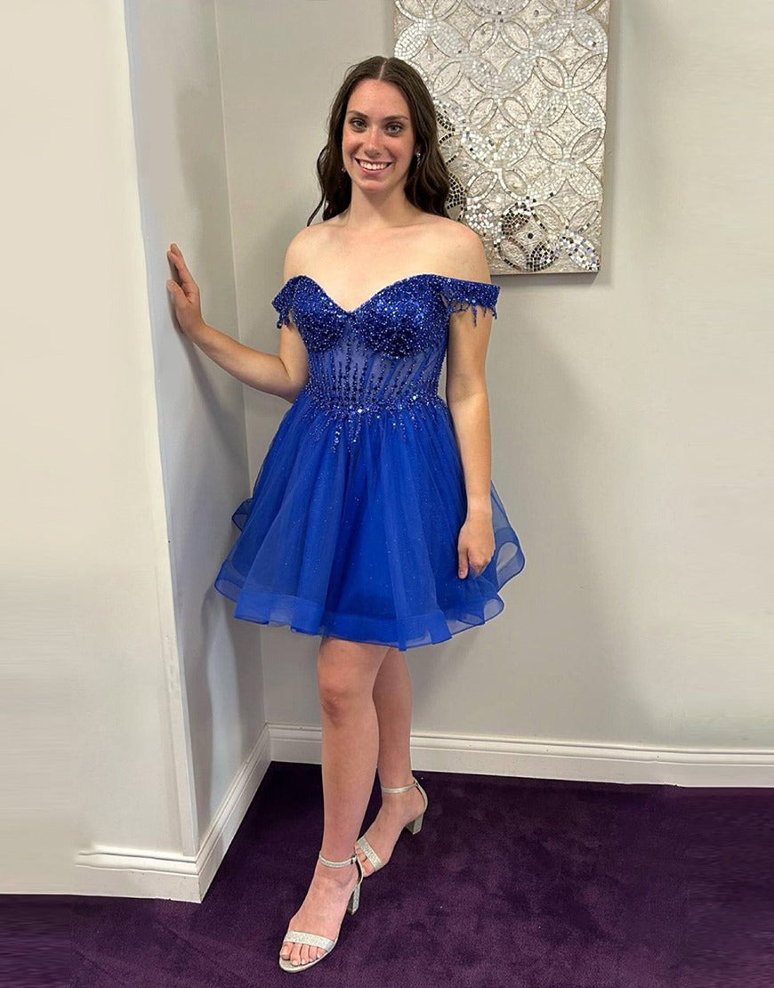 Sparkly Royal Blue Corset Tulle Beaded Short Homecoming Dresses for Juniors HE749