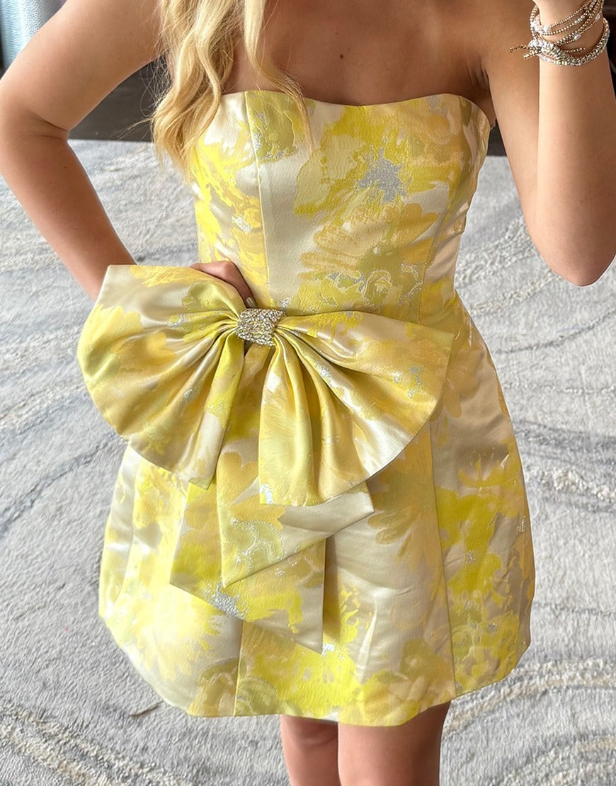 Sparkly Yellow Floral Strapless A Line Short Homecoming Dress with Bow HE750