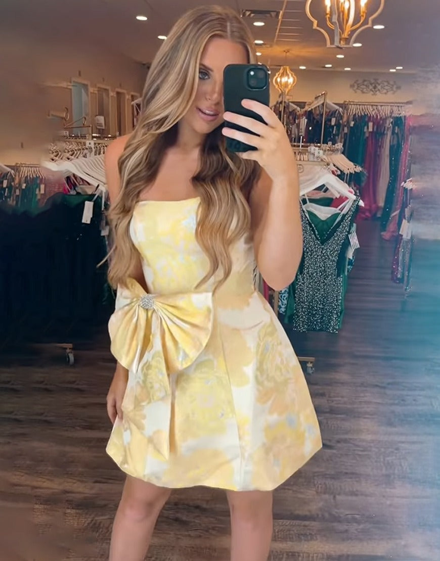 Sparkly Yellow Floral Strapless A Line Short Homecoming Dress with Bow HE750