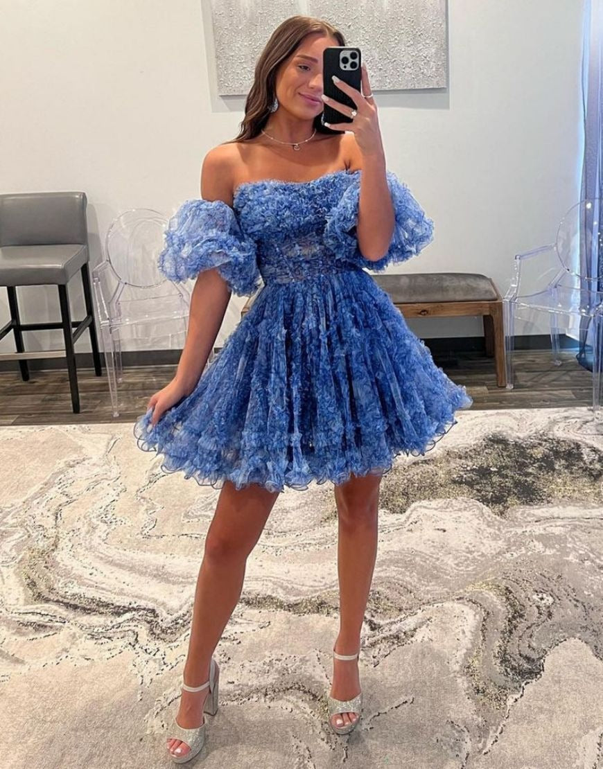 A Line Tulle Puffy Floral Sweetheart Homecoming Dresses for Juniors HE493