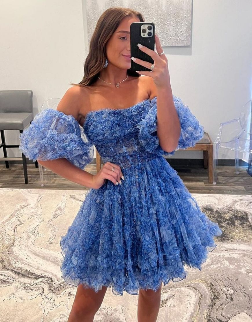 A Line Tulle Puffy Floral Sweetheart Homecoming Dresses for Juniors HE493