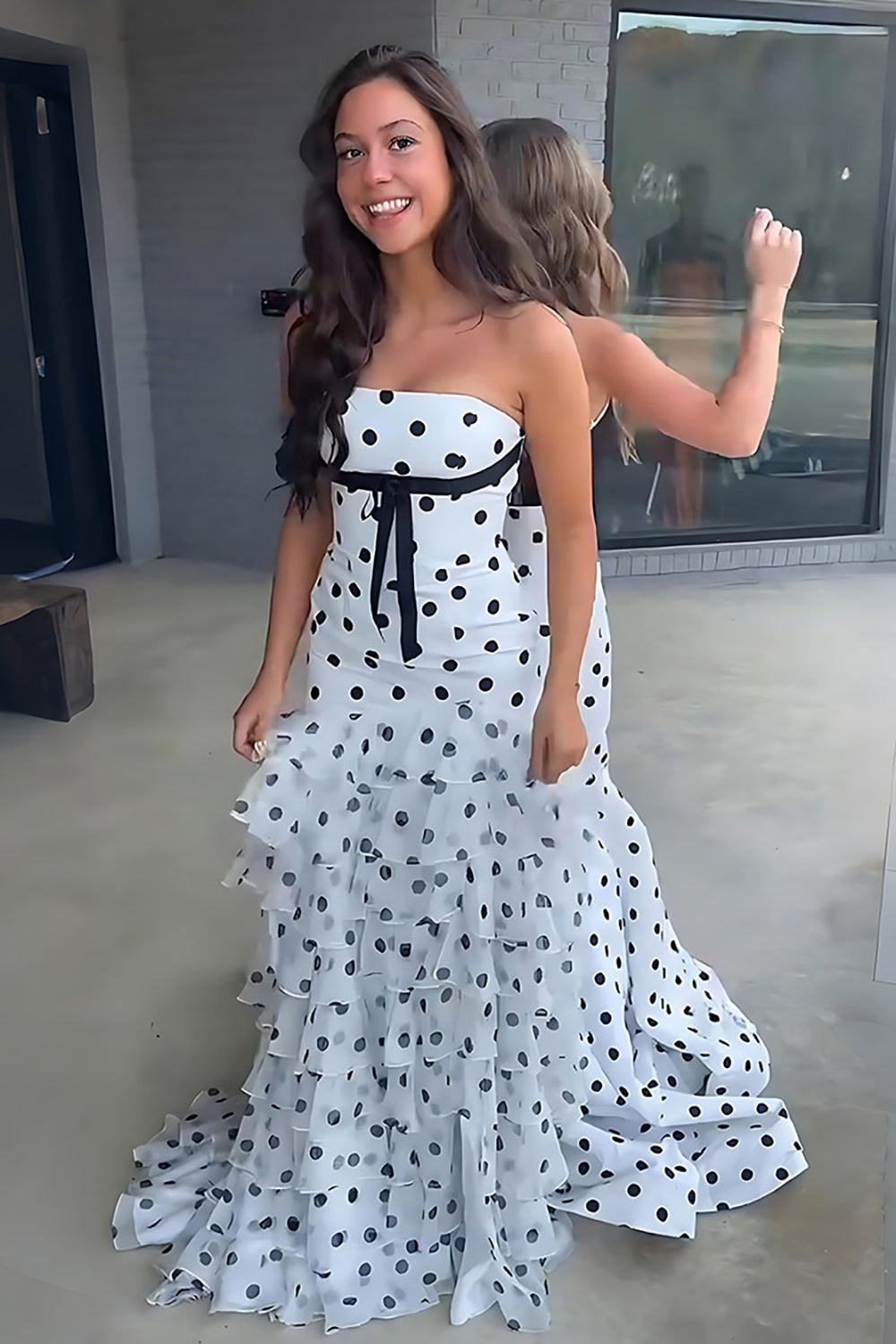 Mermaid Strapless Chiffon Black Dots Long Prom Dresses Sweetheart Evening Gowns with Ruffled HE1205
