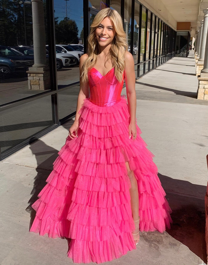 HE044-Vestido de fiesta de tul con escote en forma de corazón y abertura en azul cielo, largo, con volantes, sin tirantes, para mujer
