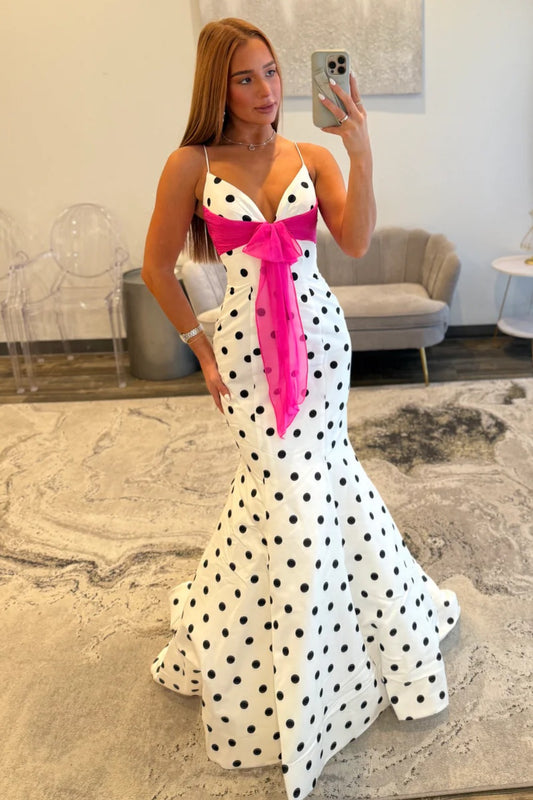 Mermaid V Neck Long Prom Dresses Black Dots Backless Spaghetti Straps Evening Gowns HE1130