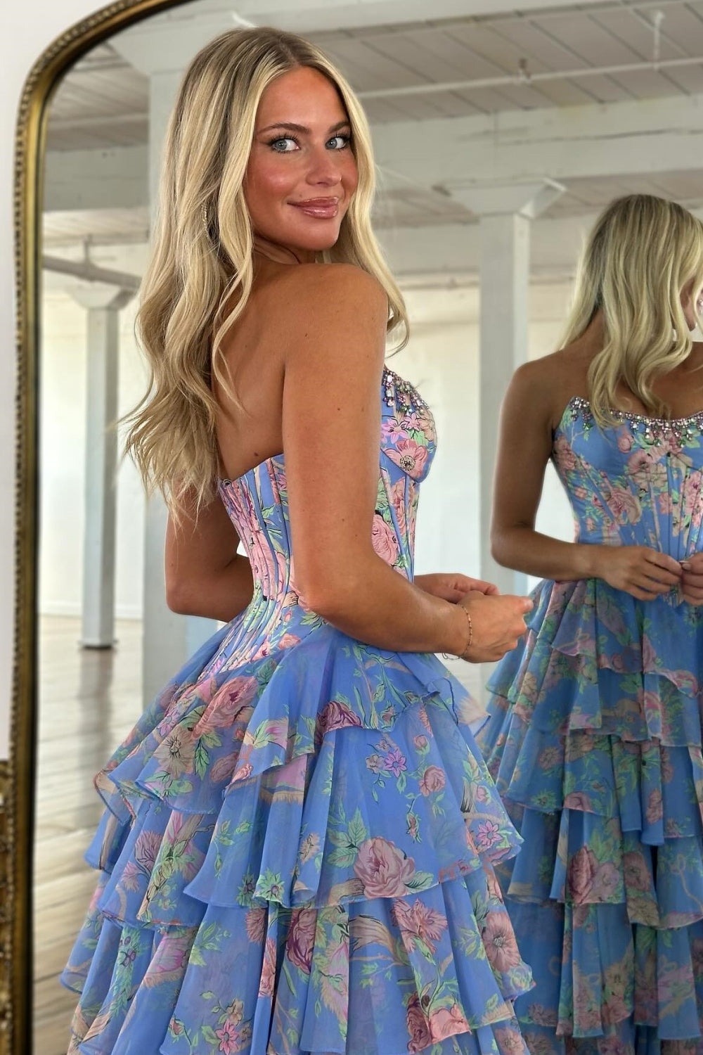Sweetheart Chiffon Corset Long Prom Dresses A Line Floral Print Evening Gowns with Split HE1204