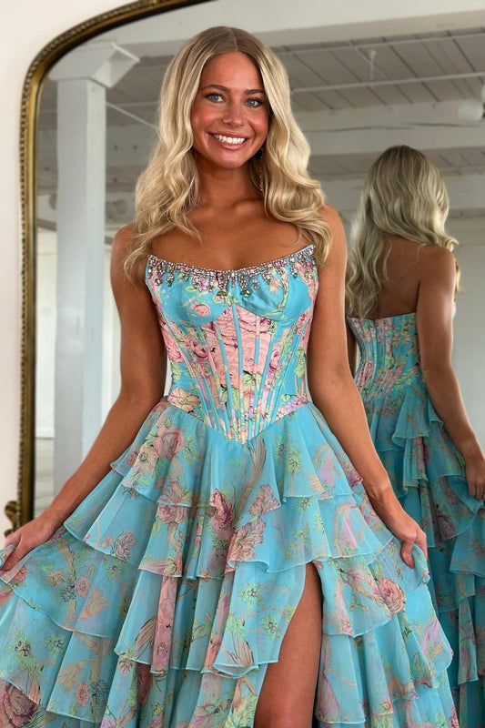 A Line Strapless Chiffon Floral Print Prom Dresses Long Sweetheart Evening Party Gowns HE1202