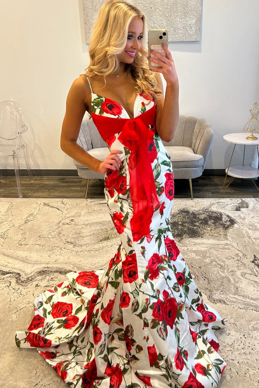 Mermaid Satin V Neck Prom Dresses Long Floral Print Evening Party Gowns for Women HE1184