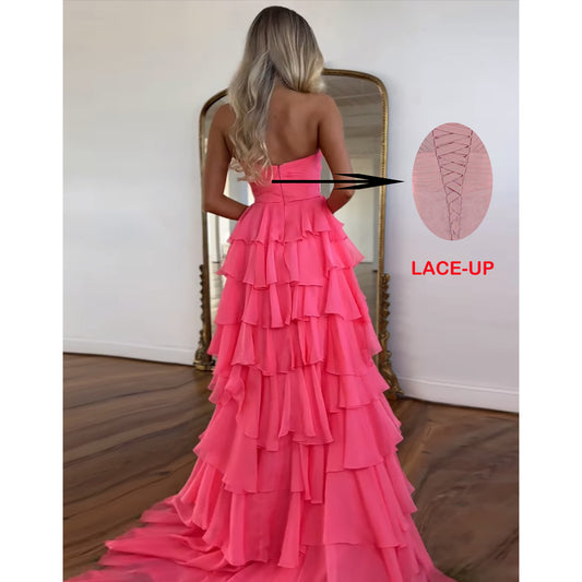 A Line Chiffon Prom Dresses for Women Strapless Tiere Ruffled Evening Party Dresses HE001