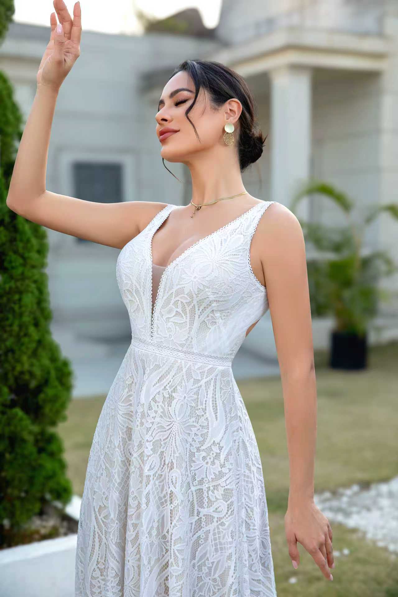 A Line Boho V Neck Lace Wedding Dresses Plus Size Backless Bridal Dress for Women HE862