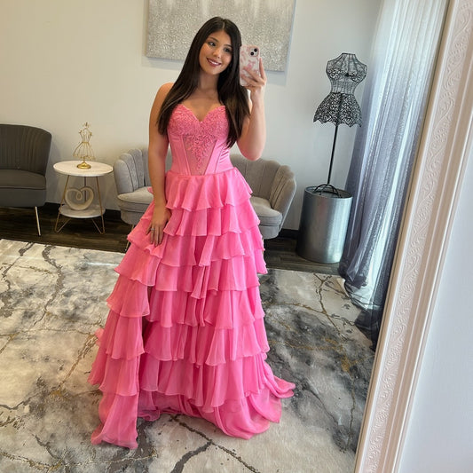 A Line Chiffon Ruffled Long Prom Dresses Sweetheart Corset Evening Gowns for Women HE1250