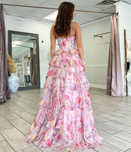 Women's Sweetheart Corset Chiffon Floral Print Long Prom Dresses with Tiered HE1473