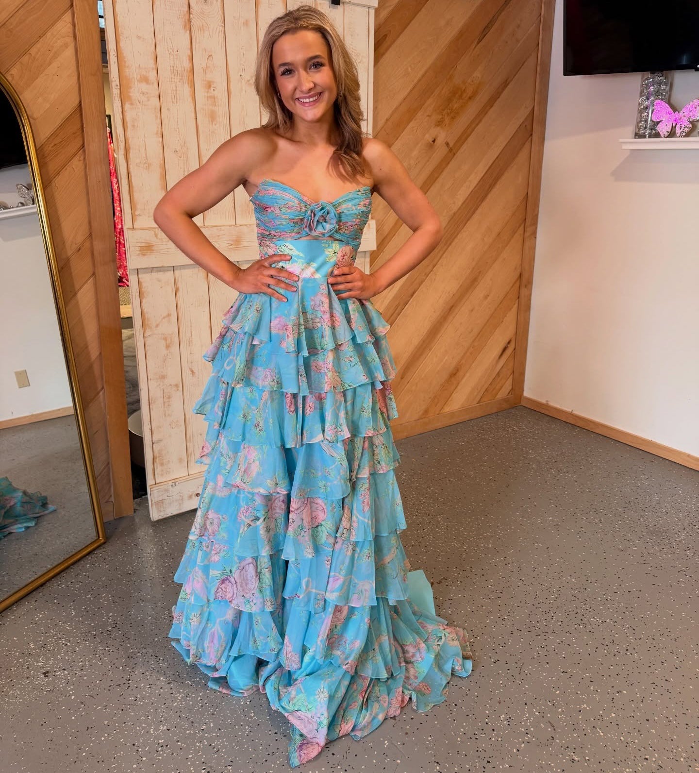 A Line Floral Print Long Prom Dresses Chiffon Ruffled Evening Party Gown for Women HE1325