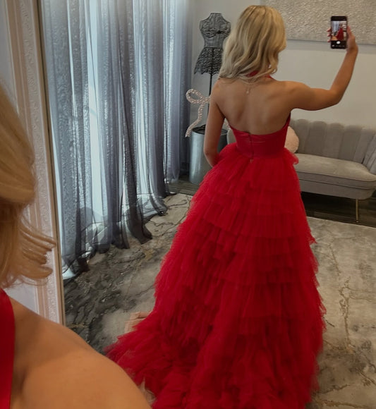Women's A Line Long Prom Dresses Tulle Ruffled Sweetheart Party Gowns with Slit HE1380