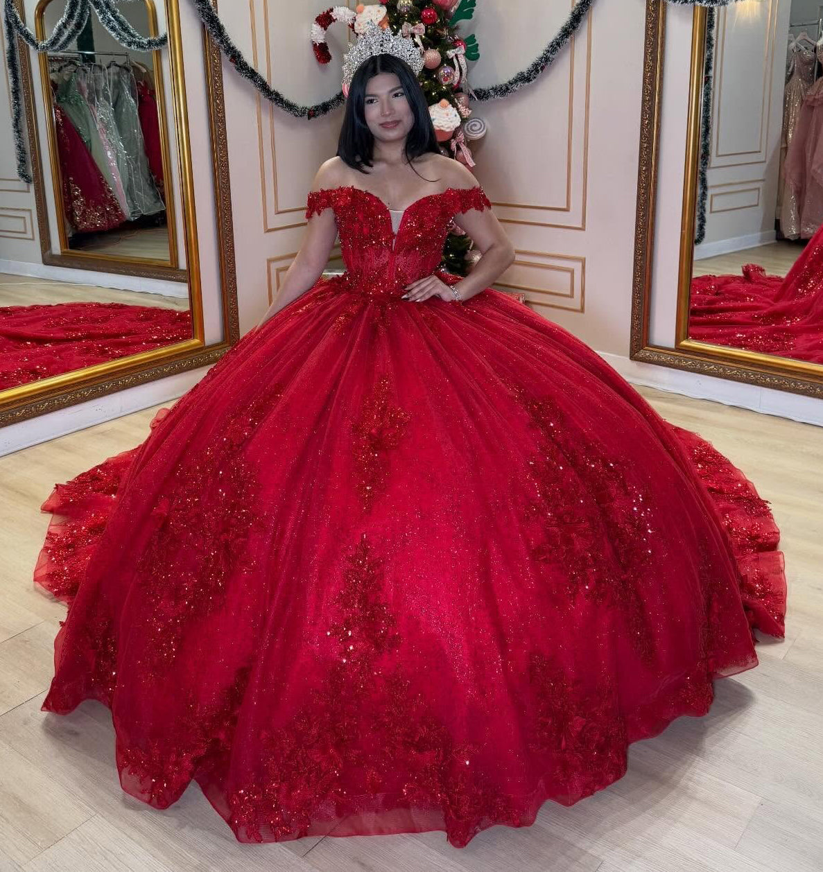 Ball Gown Princess Red Quinceanera Dresses Off Shoulder Sweet 15 Birthday Gowns HE1259