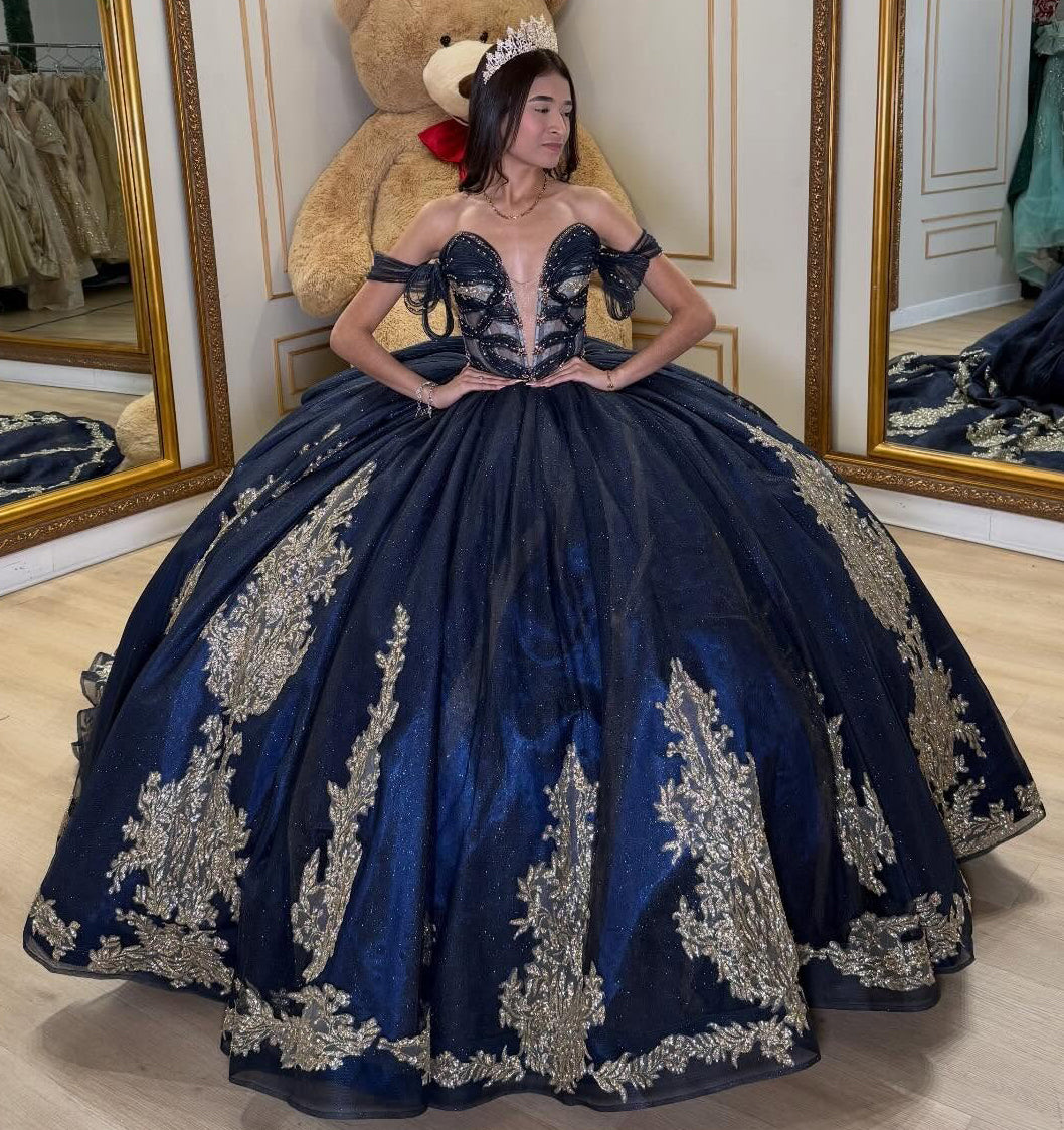 Princess Tulle Lace Appliqued Quinceanera Dresses Off Shoulder Sweet 15 Party Gown HE1356