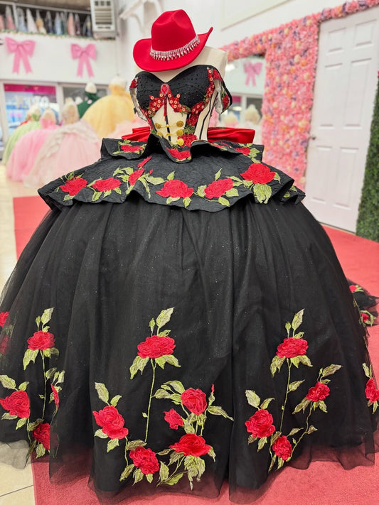 Off Shoulder Glittery Tulle Black Quinceanera Dresses Flowered Sweet 16 Party Gown HE1392