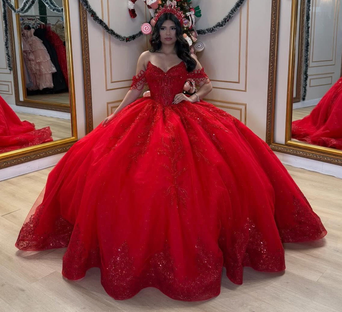 Off Shoulder Princess Red Quinceanera Dresses Ball Gown Sweet 15 Birthday Dress HE1261