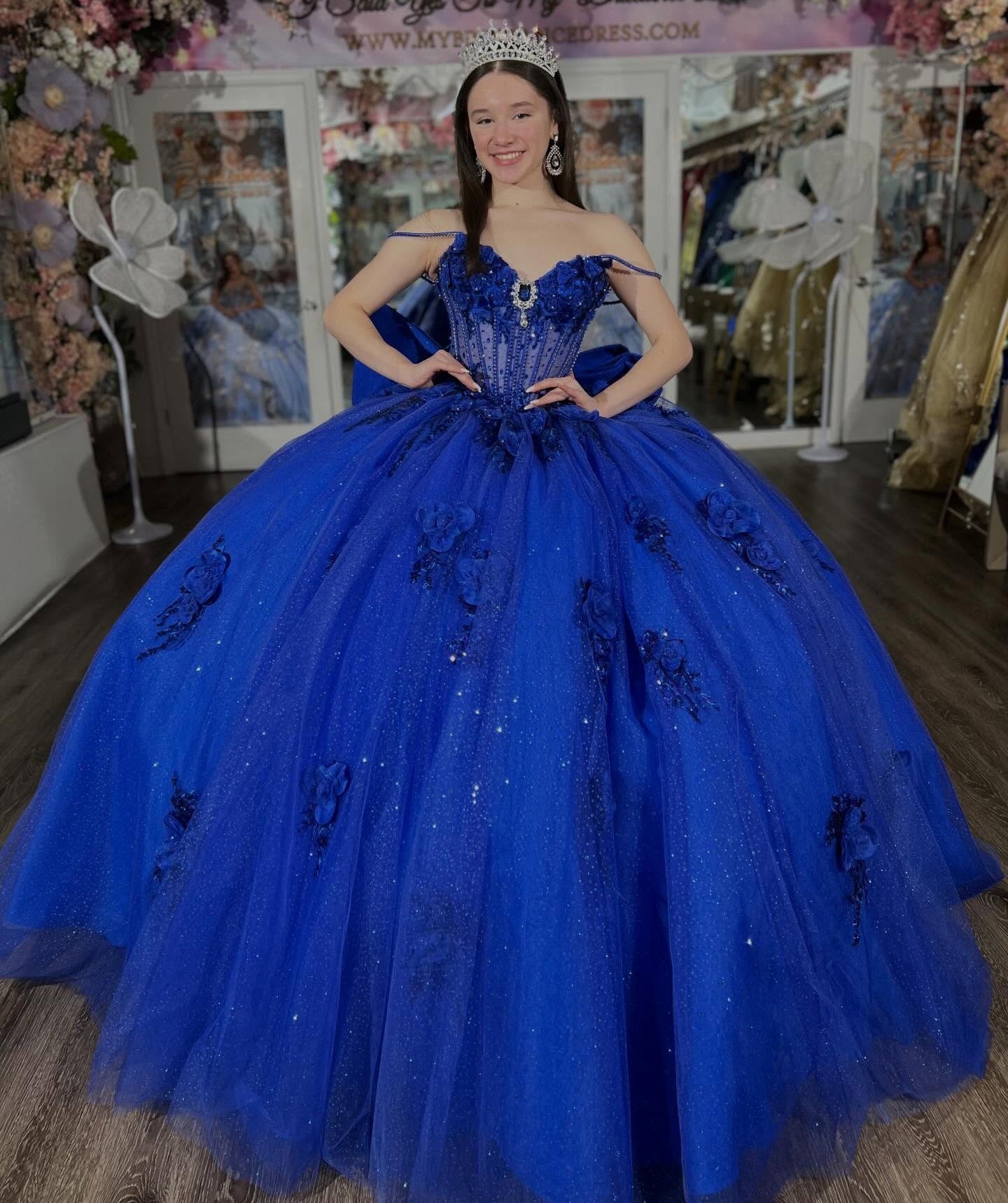 Ball Gown Lace Appliqued Blue Quinceanera Dresses Sweet 15 Off Shoulder Birthday Gowns HE1408