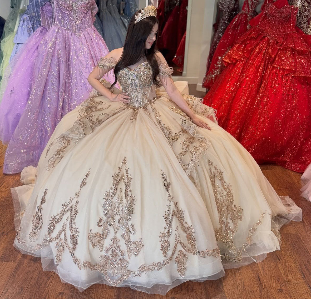 Gorgeous Tulle Appliqued Champagne Quinceanera Dresses Sweet 15 Lace Party Gown HE1405