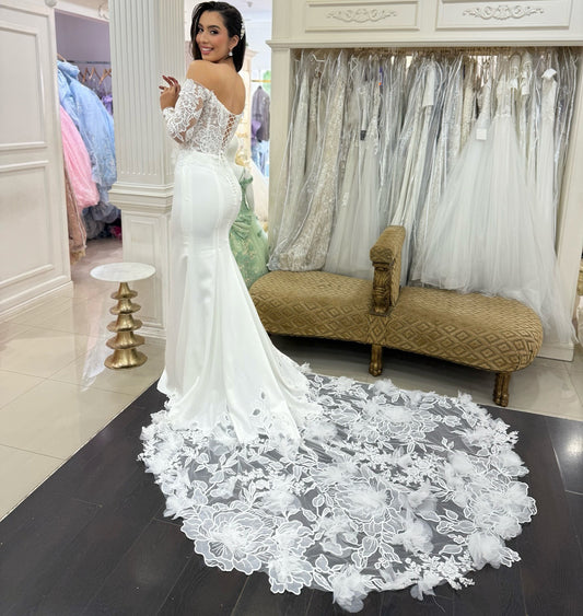 Mermaid Off Shoulder Satin Wedding Dresses Lace Long Sleeves Bridal Wedding Gowns HE1381