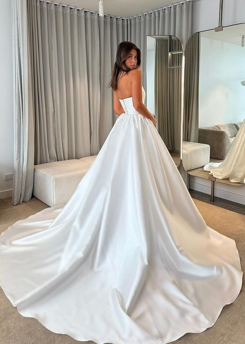 A Line Sweetheart White Satin Bridal Wedding Dresses with Long Train HE803
