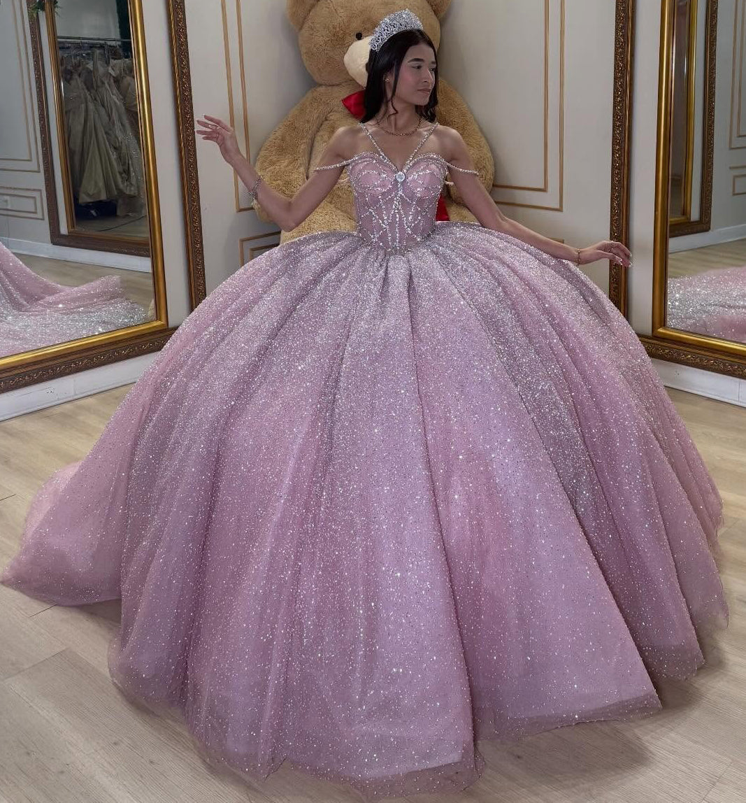 Glittery Tulle Crystal Beaded Pink Quinceanera Dresses Ball Gown Sweet 15 Party Dress HE1357