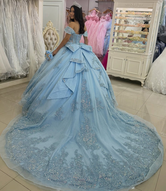 Off Shoulder Tulle Appliqued Blue Quinceanera Dresses Princess Party Gown for Sweet 15 HE1283