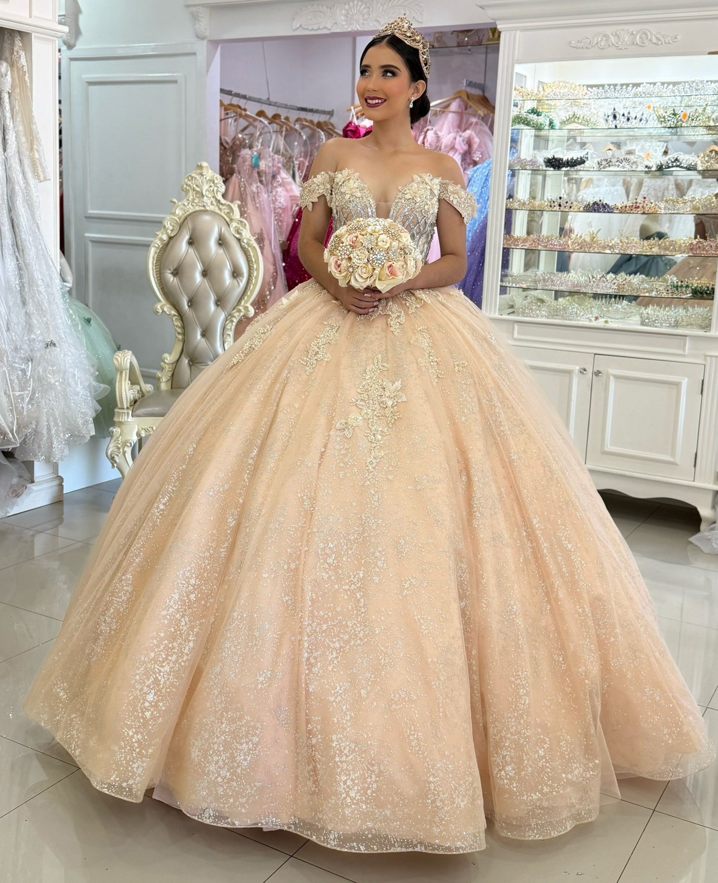 Princess Tulle Lace Appliqued Off Shoulder Champagne Quinceanera Dresses for Sweet 16 HE1230