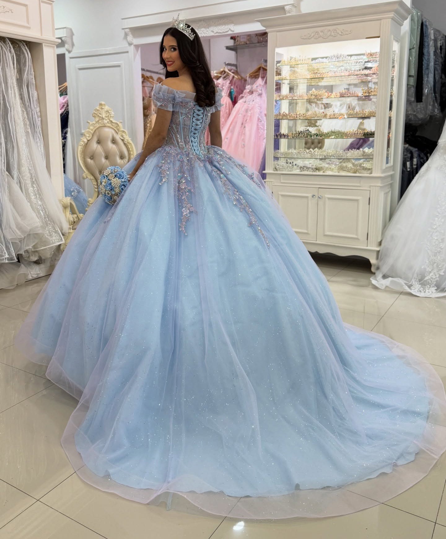 Off Shoulder Princess Quinceanera Dresses Blue Tulle Lace Beaded Party Dress for Sweet 16 HE1228