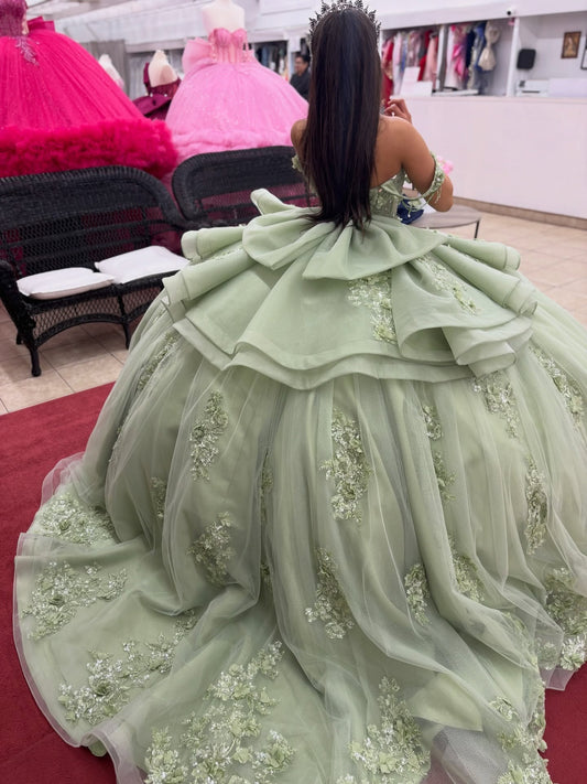 Tulle Appliqued Ruffled Green Quinceanera Dresses Ball Gown Sweet 16 Party Dresses HE1350