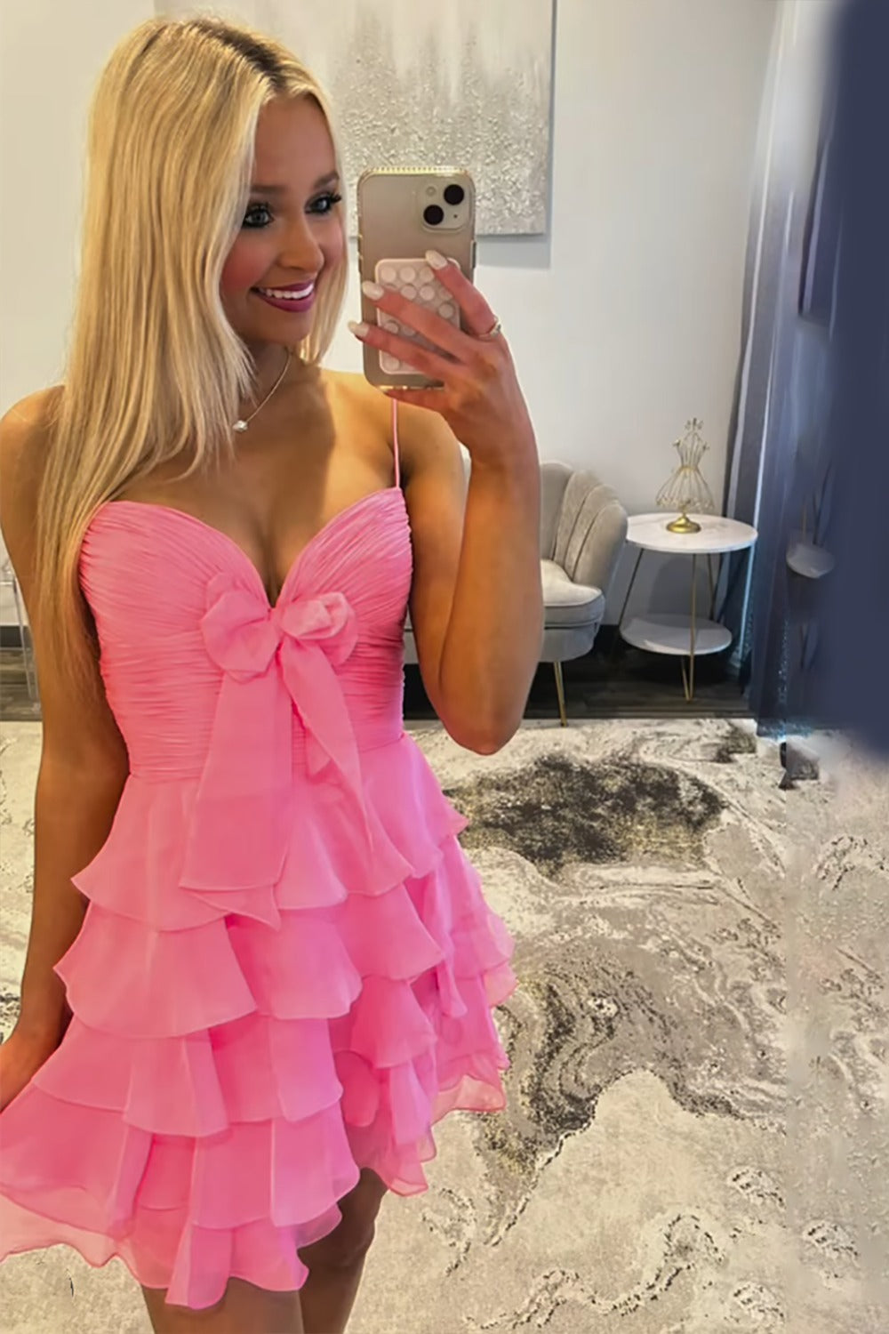 Vestido de fiesta de gasa azul con escote en forma de A, con capas y lazo, HE591