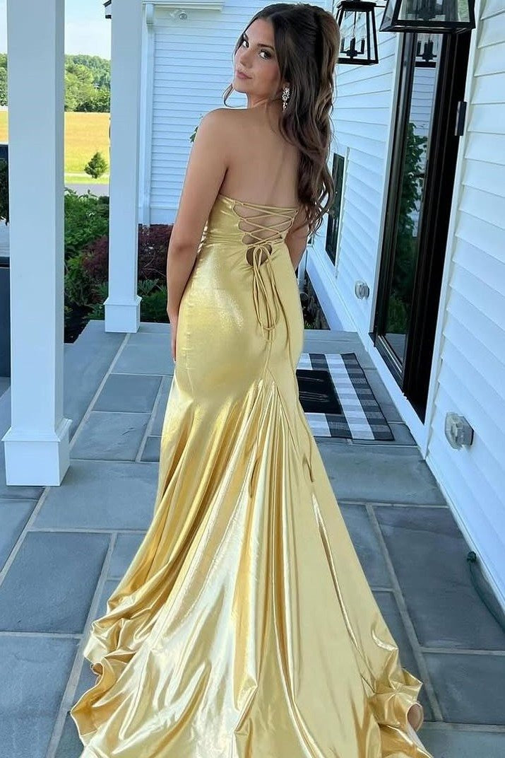 HE110-Vestido de fiesta largo de satén metalizado con escote corazón y abertura lateral, sexy, sin espalda