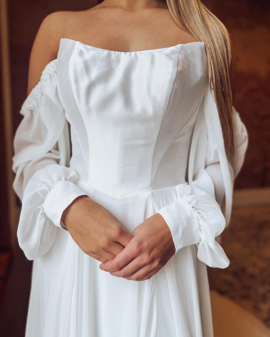 Women's A Line Chiffon Long Sleeves Wedding Dresses Boho Simple Strapless Wedding Gowns HE1237