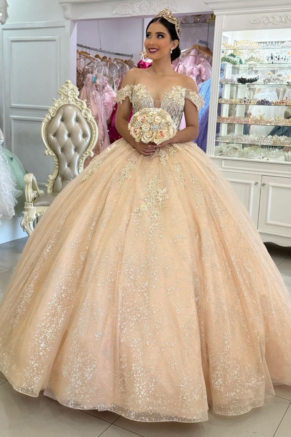 Princess Tulle Lace Appliqued Off Shoulder Champagne Quinceanera Dress Princess Tulle Lace Appliqued Off Shoulder Champagne Quinceanera Dress