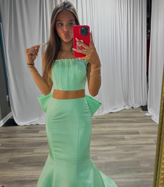 Mermaid Satin Two Pieces Prom Dresses Long Crystal Beaded Evening Gowns for Women HE1379