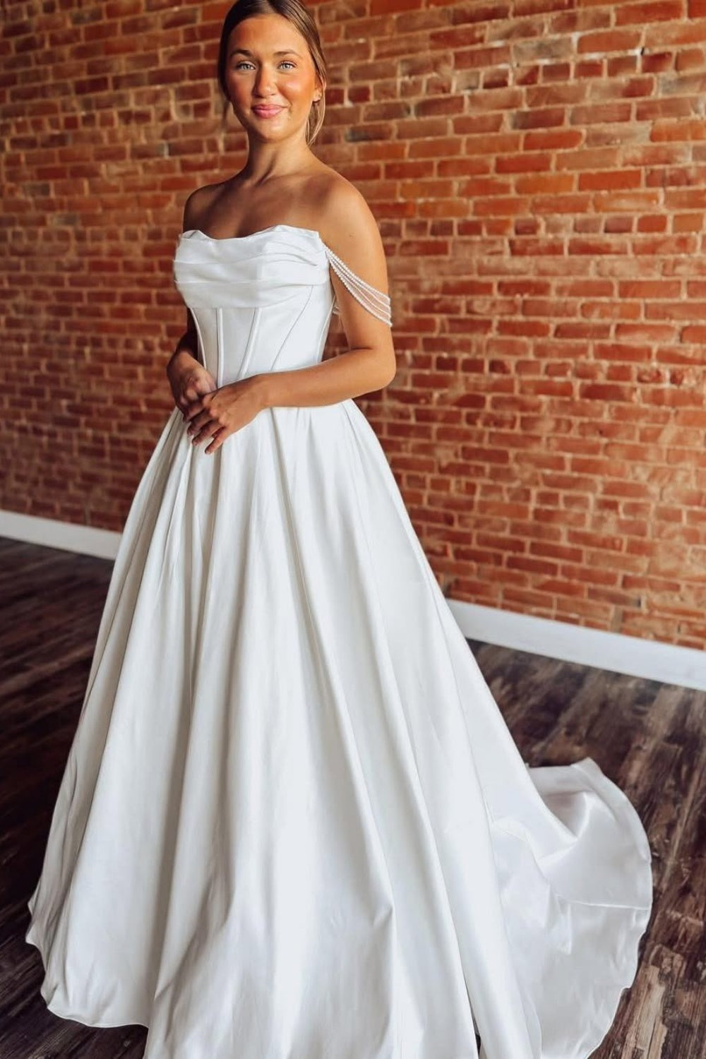 Off Shoulder A Line Satin Wedding Dresses for Bride Corset Wedding Gow Hebebridal Off Shoulder A Line Satin Wedding Dresses for Bride Corset Wedding Gow Hebebridal