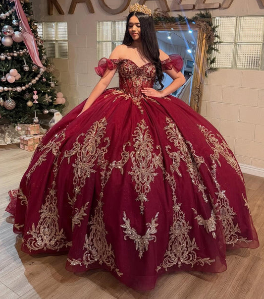 Off Shoulder Lace Appliqued Red Quinceanera Dresses Sweet 16 Party Gowns for Juniors HE1264