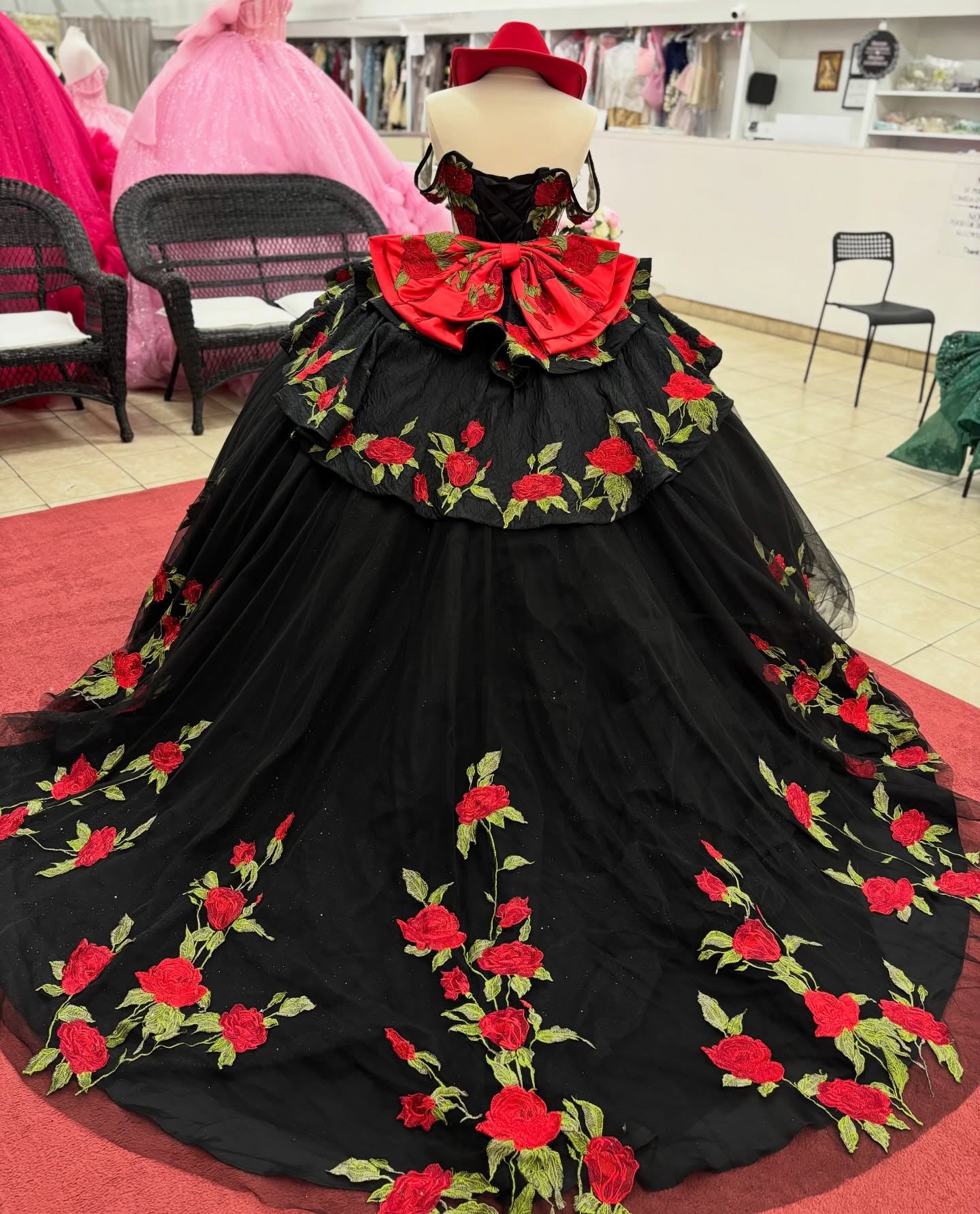 Off Shoulder Glittery Tulle Black Quinceanera Dresses Flowered Sweet 16 Party Gown HE1392