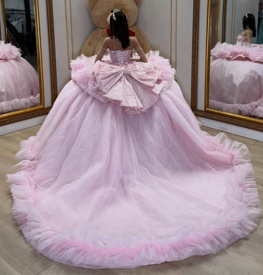 Off Shoulder Pink Quinceanera Dresses Tulle Beaded Corset Sweet 16 Party Gowns HE1353