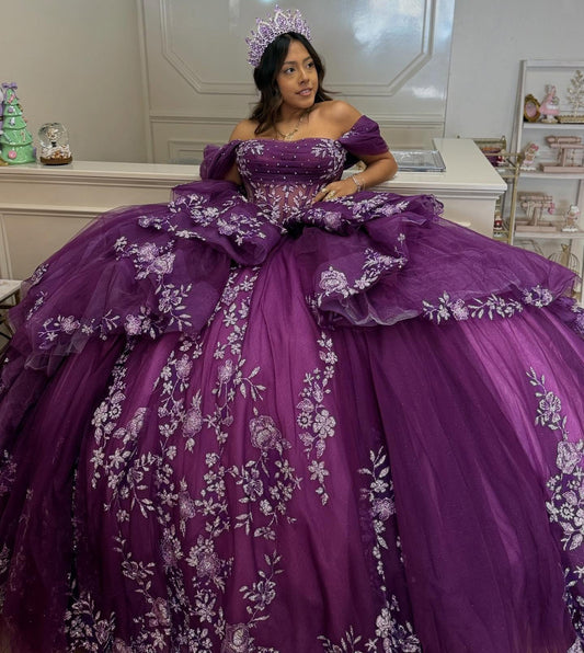 Off Shoulder Tulle Corset Appliqued Quinceanera Dresses Sweet 16 Party Gowns HE1288