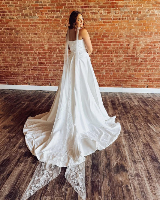A Line Wedding Dresses for Bride Satin Lace Boho Wedding Gowns Strapless Bridal Dress HE1427
