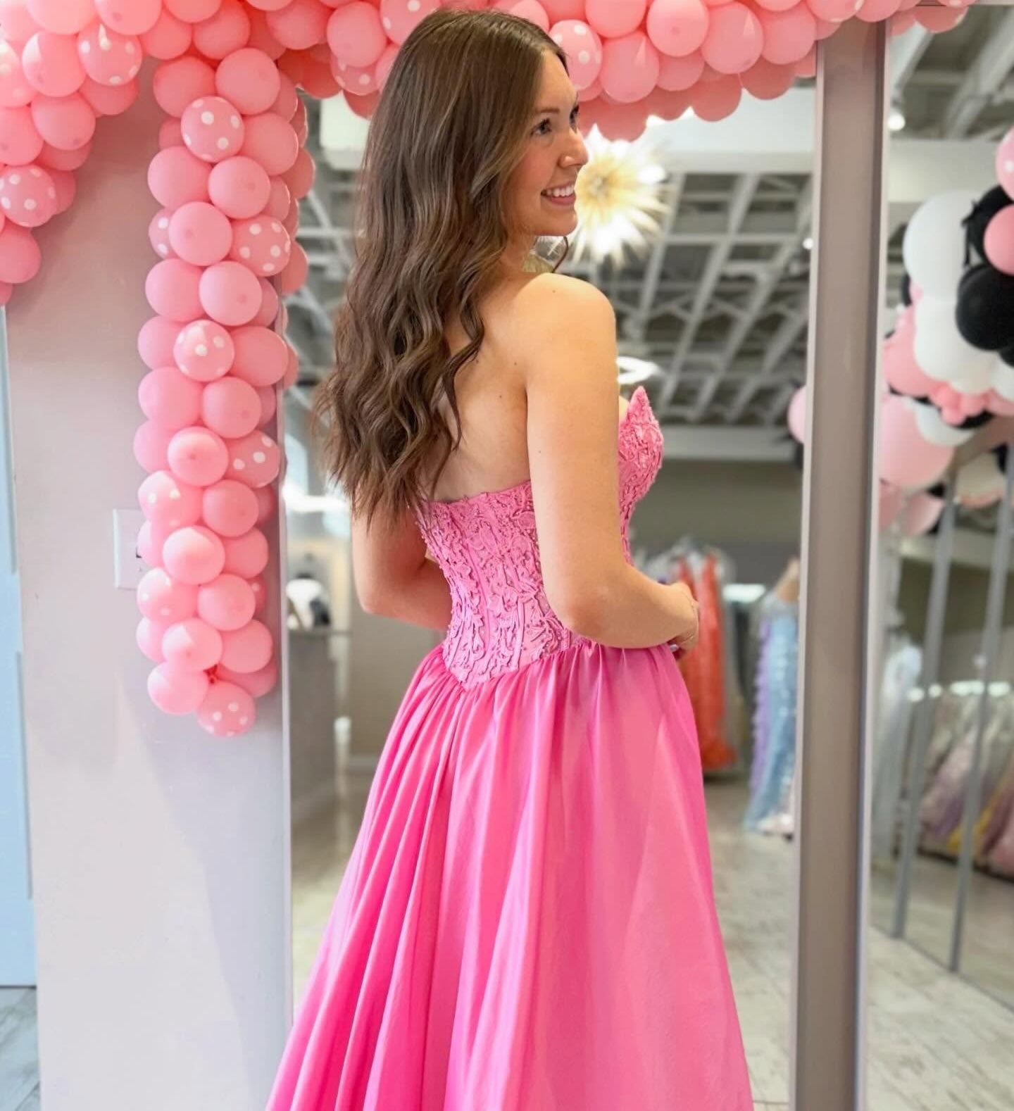Sweetheart A Line Satin Lace Prom Dresses Long Strapless Evening Party Gown HE1421