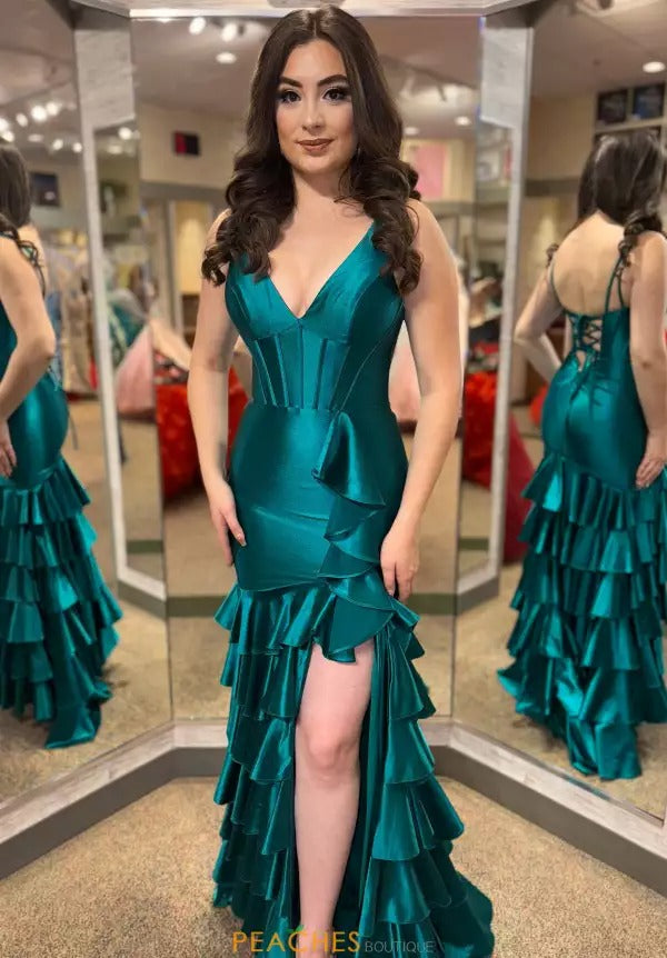 Satin Ruffles Mermaid Prom Dresses Long with Slit Sexy V Neck Evening Dresses HE006