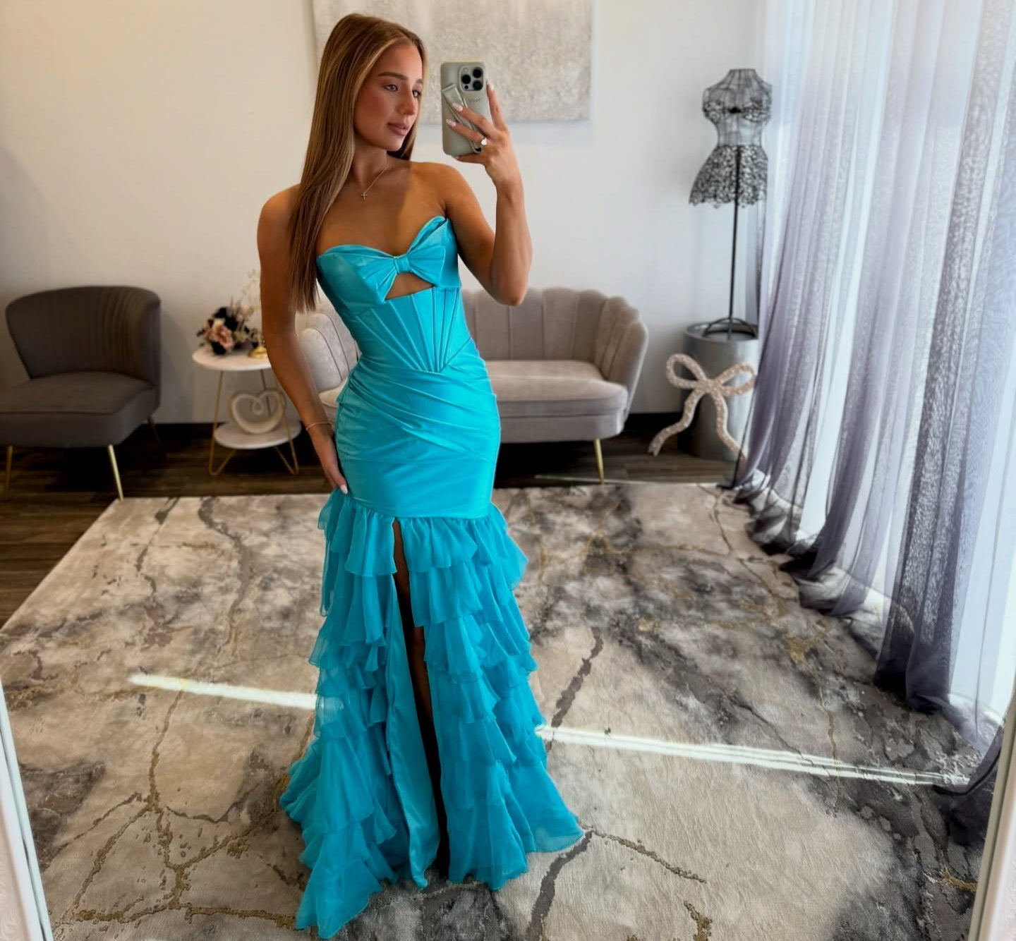 Strapless Mermaid Satin Long Prom Dresses with Slit Corset Ruffled Evening Gowns HE1316