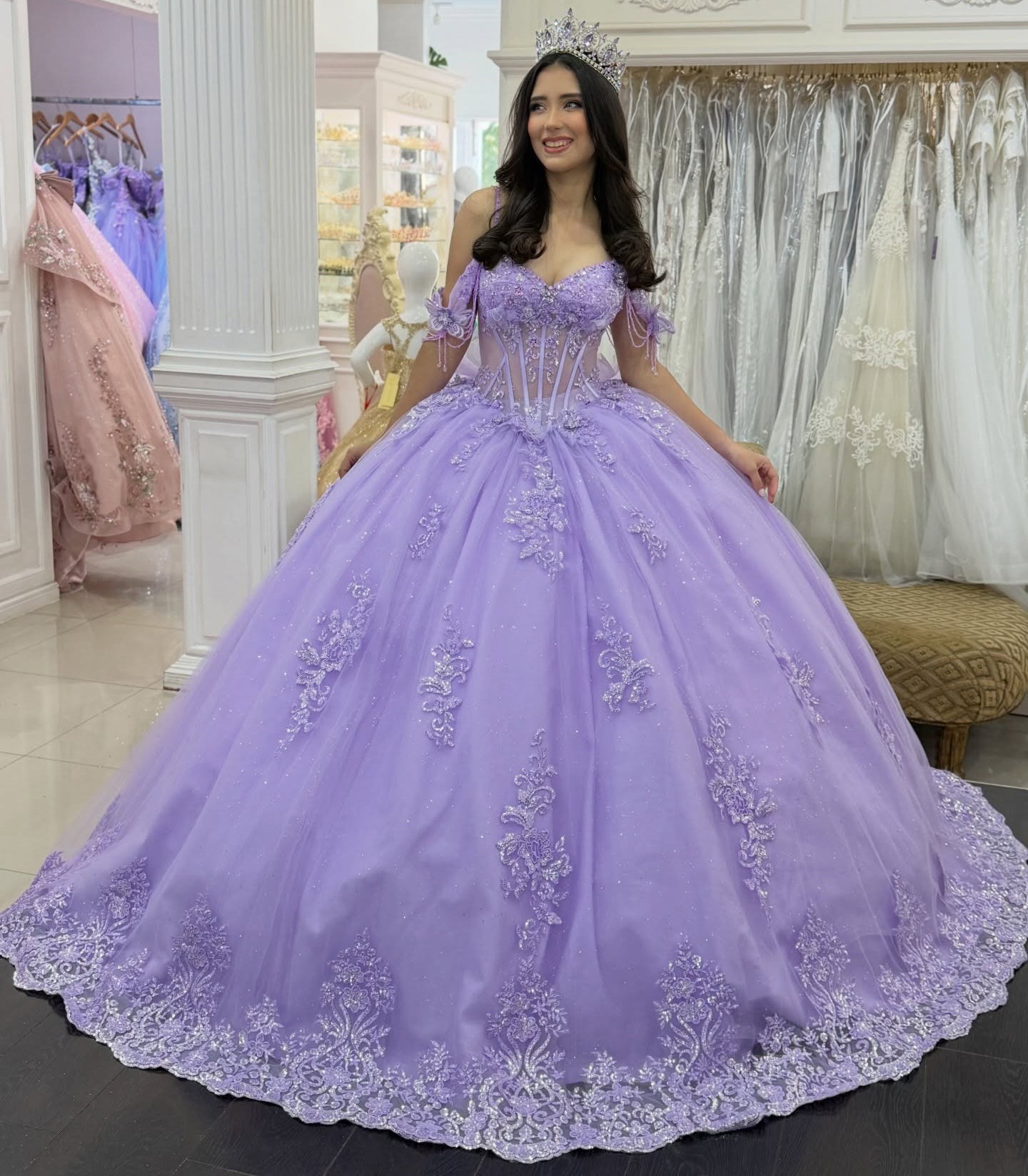 Princess Off Shoulder Lilac Quinceanera Dresses Lace Appliqued Sweet 15 Party Gowns HE1399