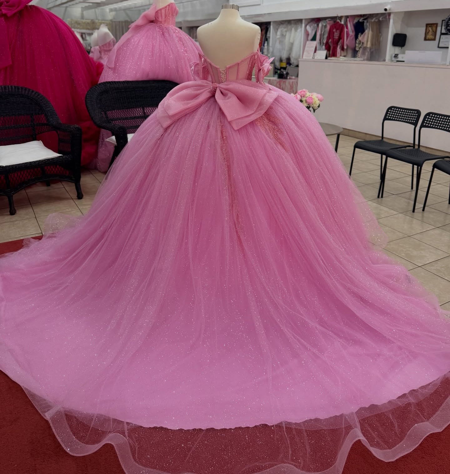 Glittery Tulle Crystal Beaded Pink Quinceanera Dresses Sweet 15 Party Gowns with Bowknot HE1409