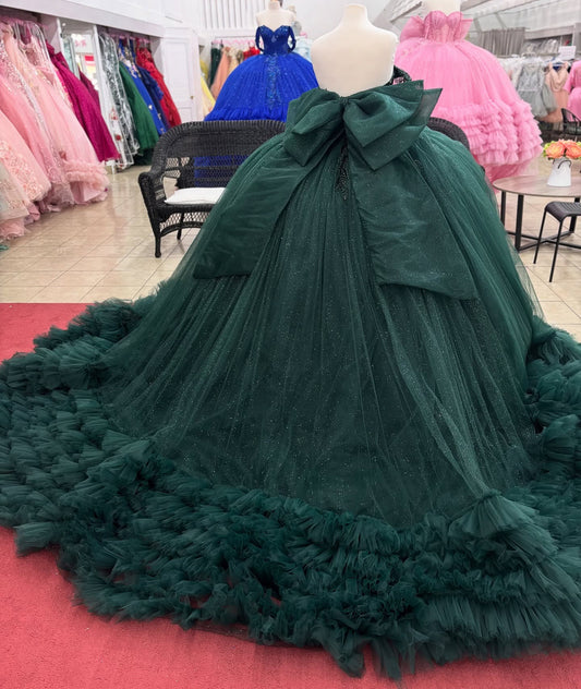 Off Shoulder Ball Gown Green Quinceanera Dresses Tulle Ruffled Party Dress for Sweet 16 HE1223