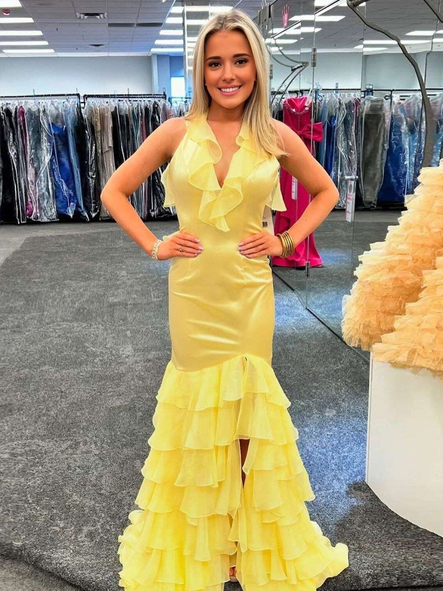 Sheath Yellow Prom Dresses Long Satin Ruffles V Neck Evening Gowns with Slit HE111