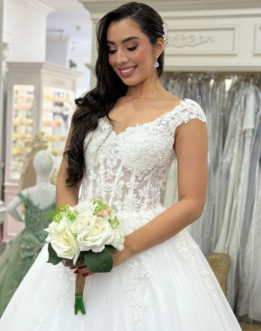 Lace Appliqued A Line Wedding Dresses for Bride Tulle Corset Boho Wedding Gowns HE1345