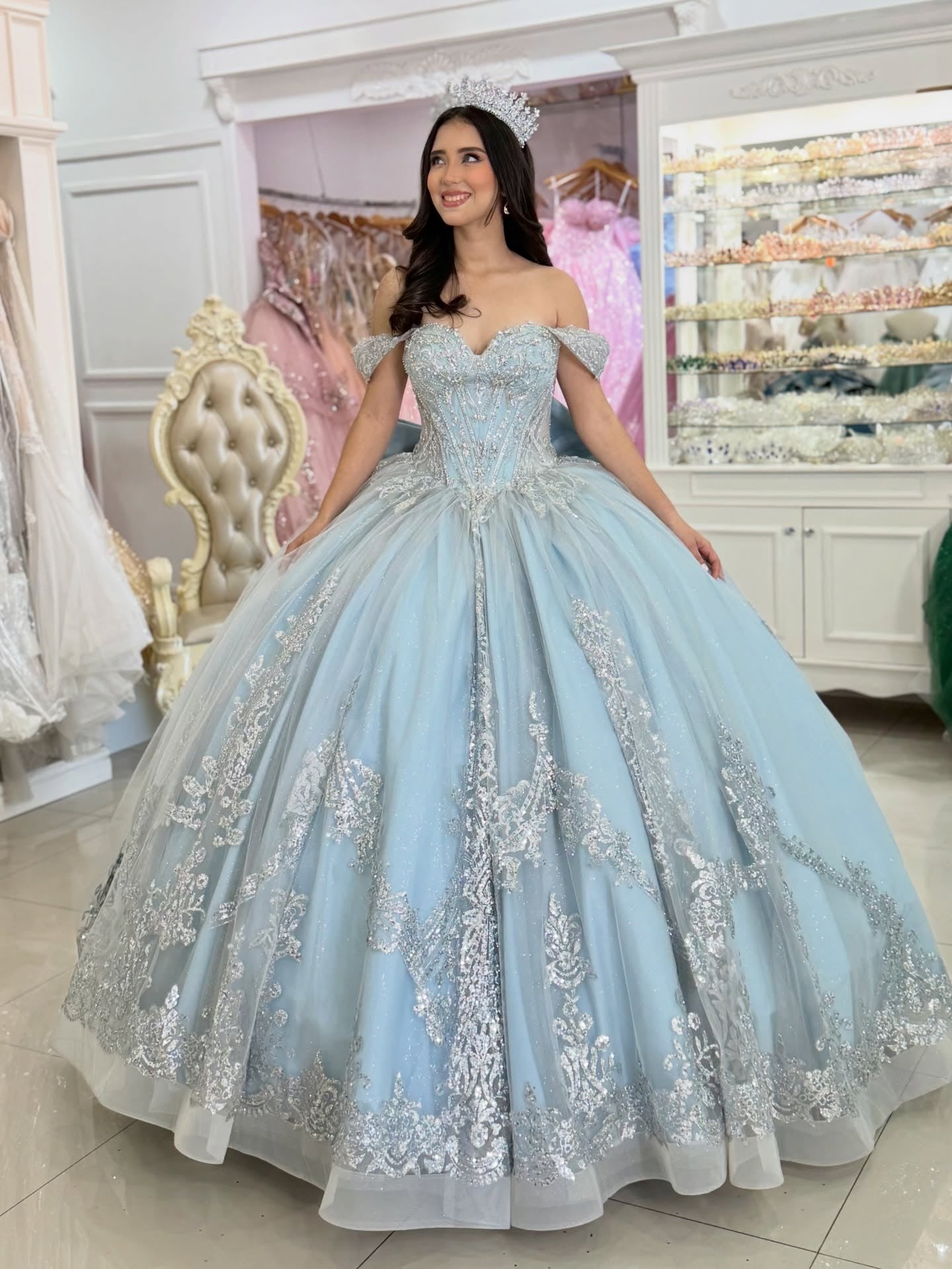 Princess Lace Sequin Appliqued Quinceanera Dresses Off Shoulder Sweet 16 Party Gown HE1404